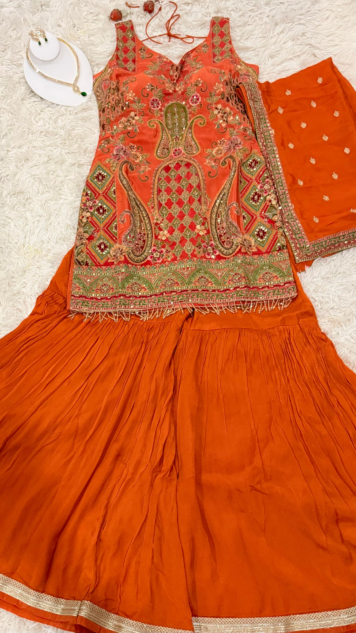Royal Orange Silk Embroidered Sharara Suit Set with Paisley Border