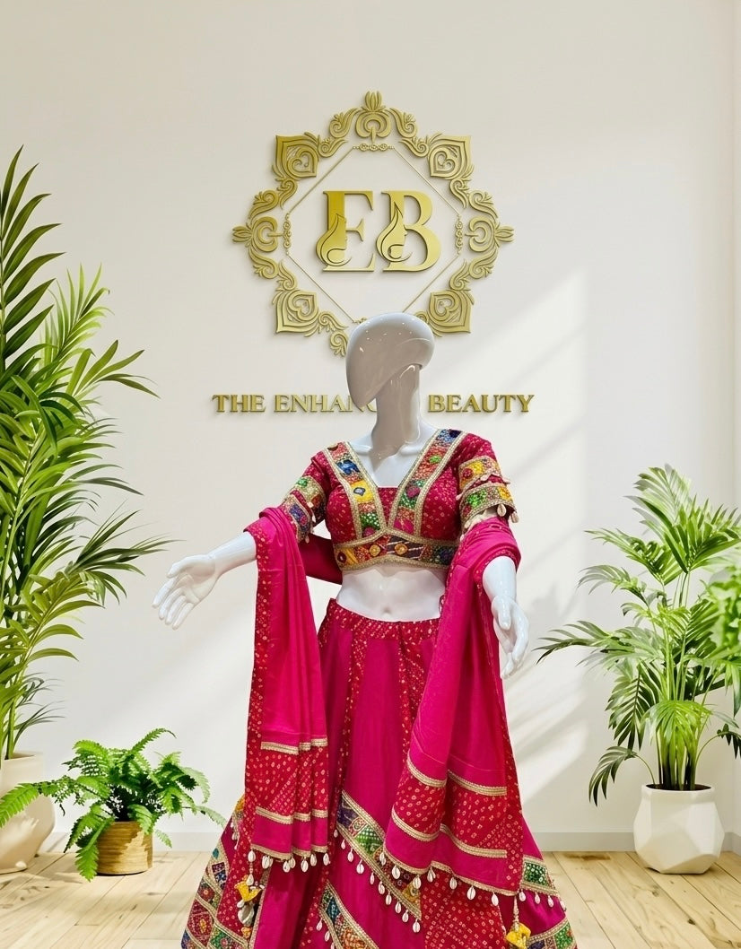Pure Jaam Cotton Mirror work Bandhani Chaniya Choli