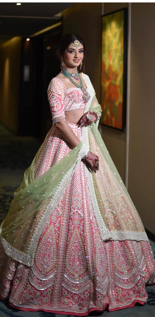 Jasmine Pink Bridal Lehenga Set – Hand-Embroidered Raw Silk with Double Dupattas | The "Gulabi-Pistachio" Dream Lehenga Set