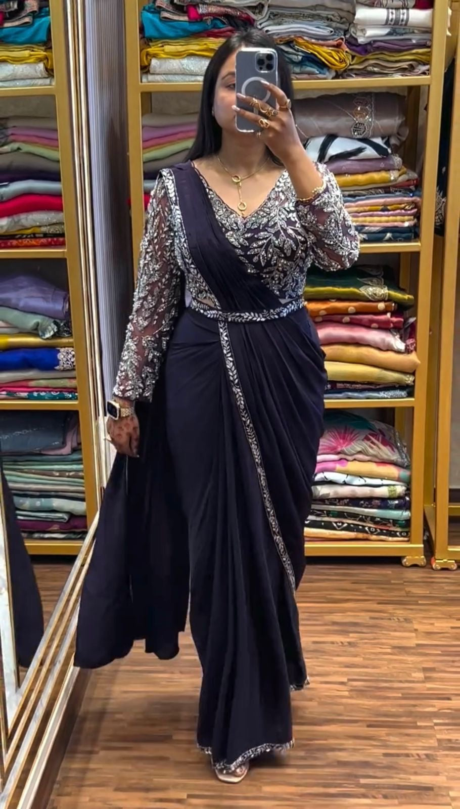 Ready to Wear Drape Saree with Embroidered Blouse & Waist Belt