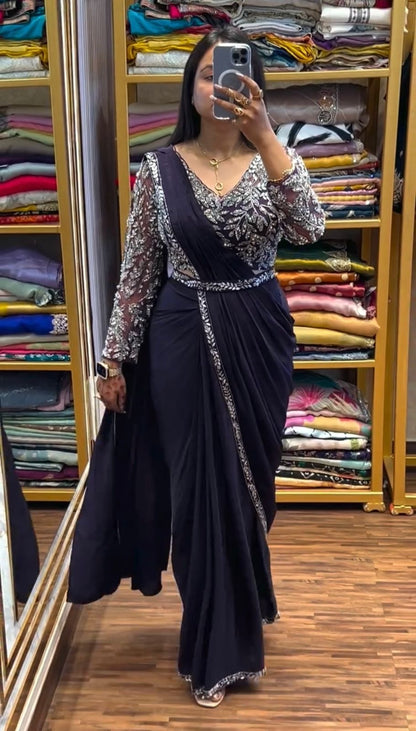 Ready to Wear Drape Saree with Embroidered Blouse & Waist Belt