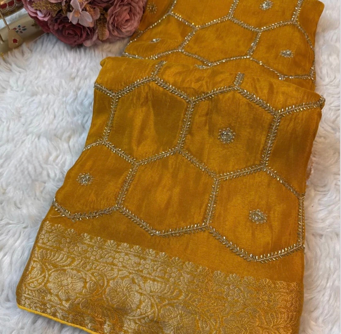 Honeycomb Handwork Soft Silk Blend Saree with Zari Border