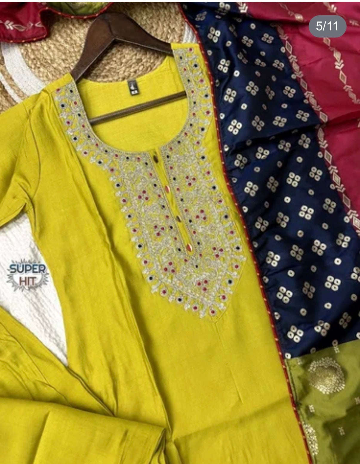 Lemon Viscose Chanderi Embroidered Kurta Pant Dupatta Set