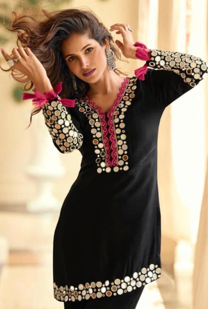 Mirror Work Simar Silk Suit Set with Embroidered Dupatta