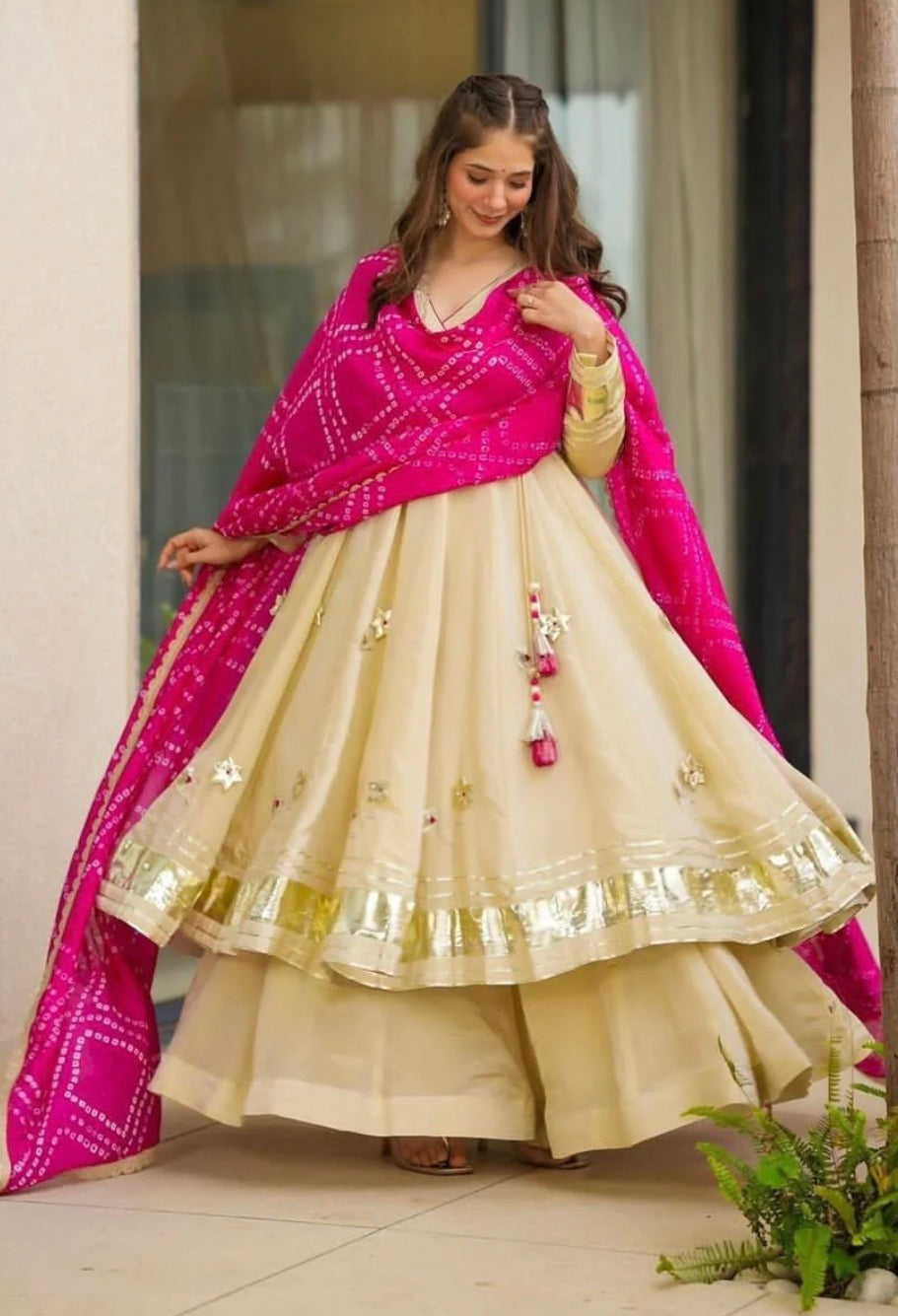 Pure Handmade Chinon Anarkali Palazzo Set with Bandhani Dupatta