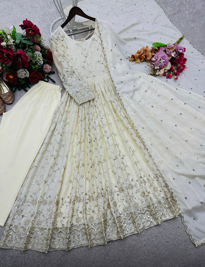 Off-White Chinon Silk Embroidered Anarkali Gown Set with Dupatta & Pants