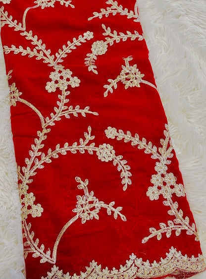 Red Bridal Georgette Saree with Golden Sequence Kashida Work