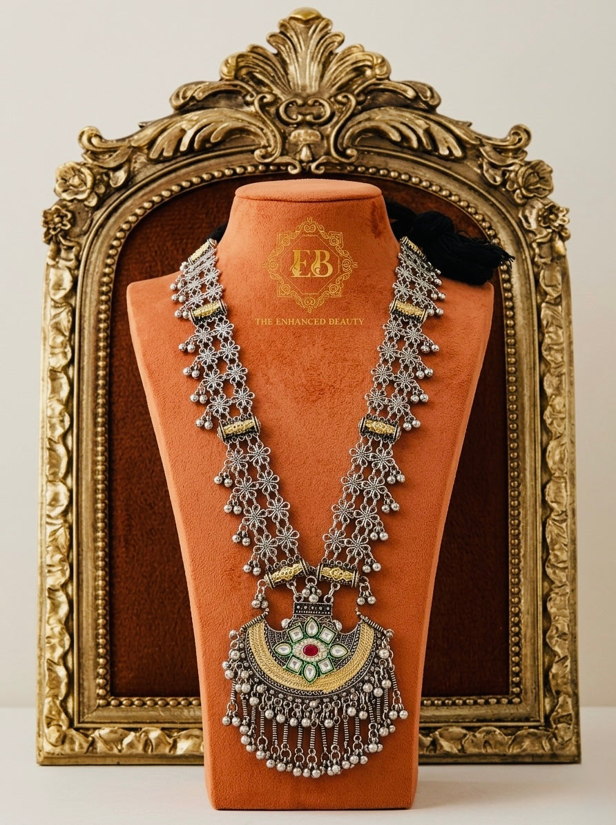 Royal Peacock Enamel Oxidized Statement Necklace & Earring Set