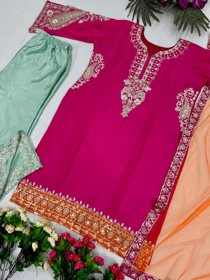 Heavy Chinon Embroidered Plazzo Set with Dupatta |