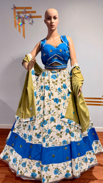 White & Blue Floral Camric Cotton Chaniya Choli & Olive Green Dupatta