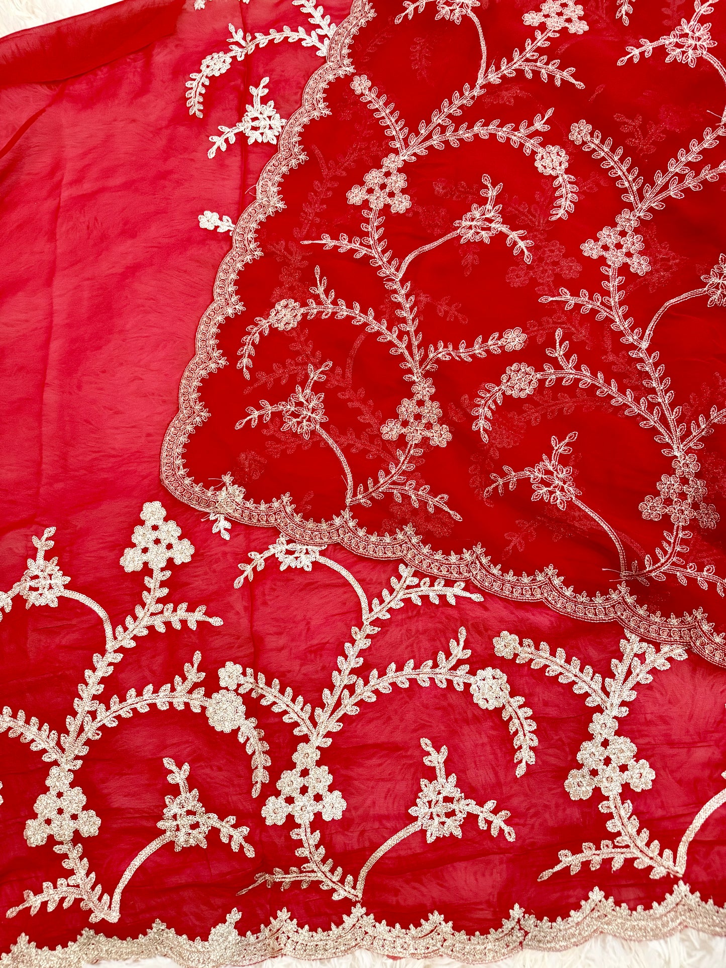 Red Bridal Georgette Saree with Golden Sequence Kashida Work