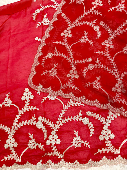 Red Bridal Georgette Saree with Golden Sequence Kashida Work