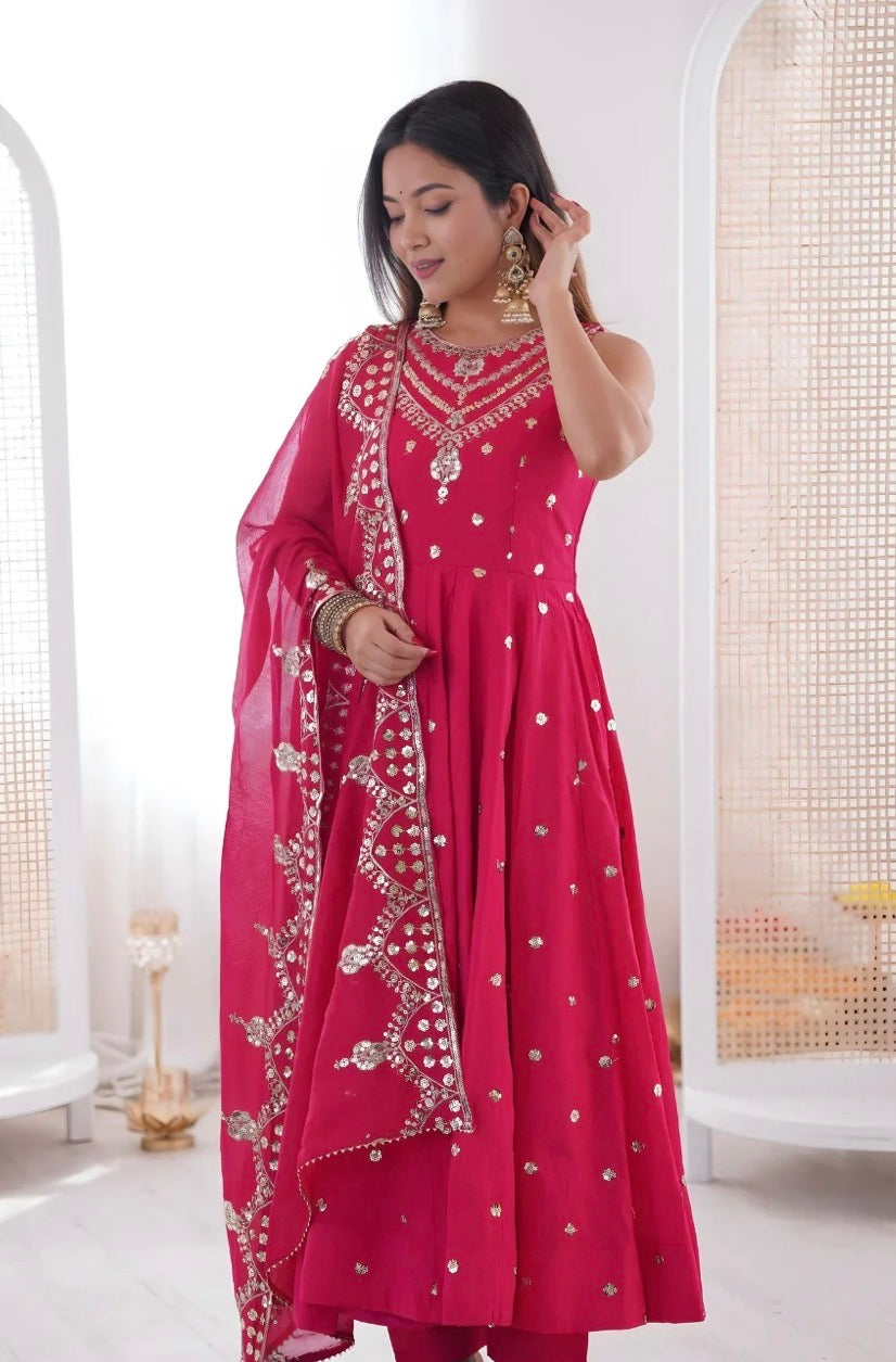Premium Roman Silk Anarkali Gown Set with Chanderi Dupatta (Restock)