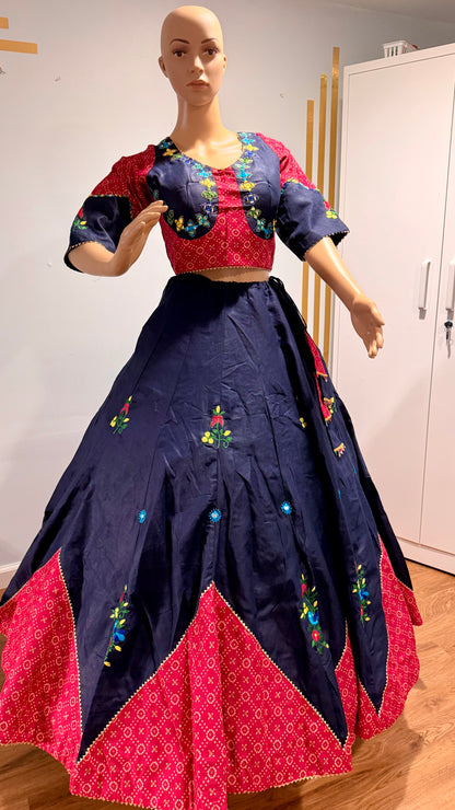 Royal Contrast Embroidered Navratri Lehenga Choli – Navy Blue & Rani Pink