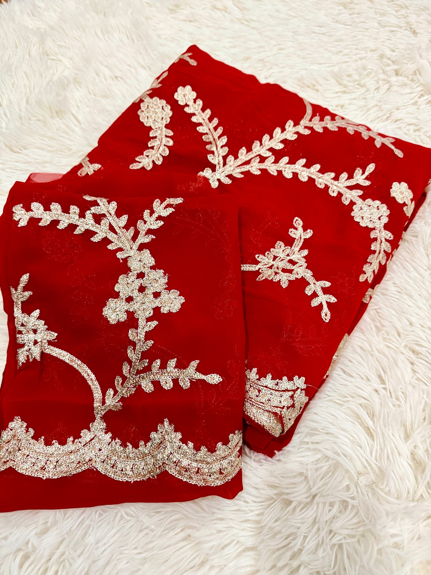 Red Bridal Georgette Saree with Golden Sequence Kashida Work