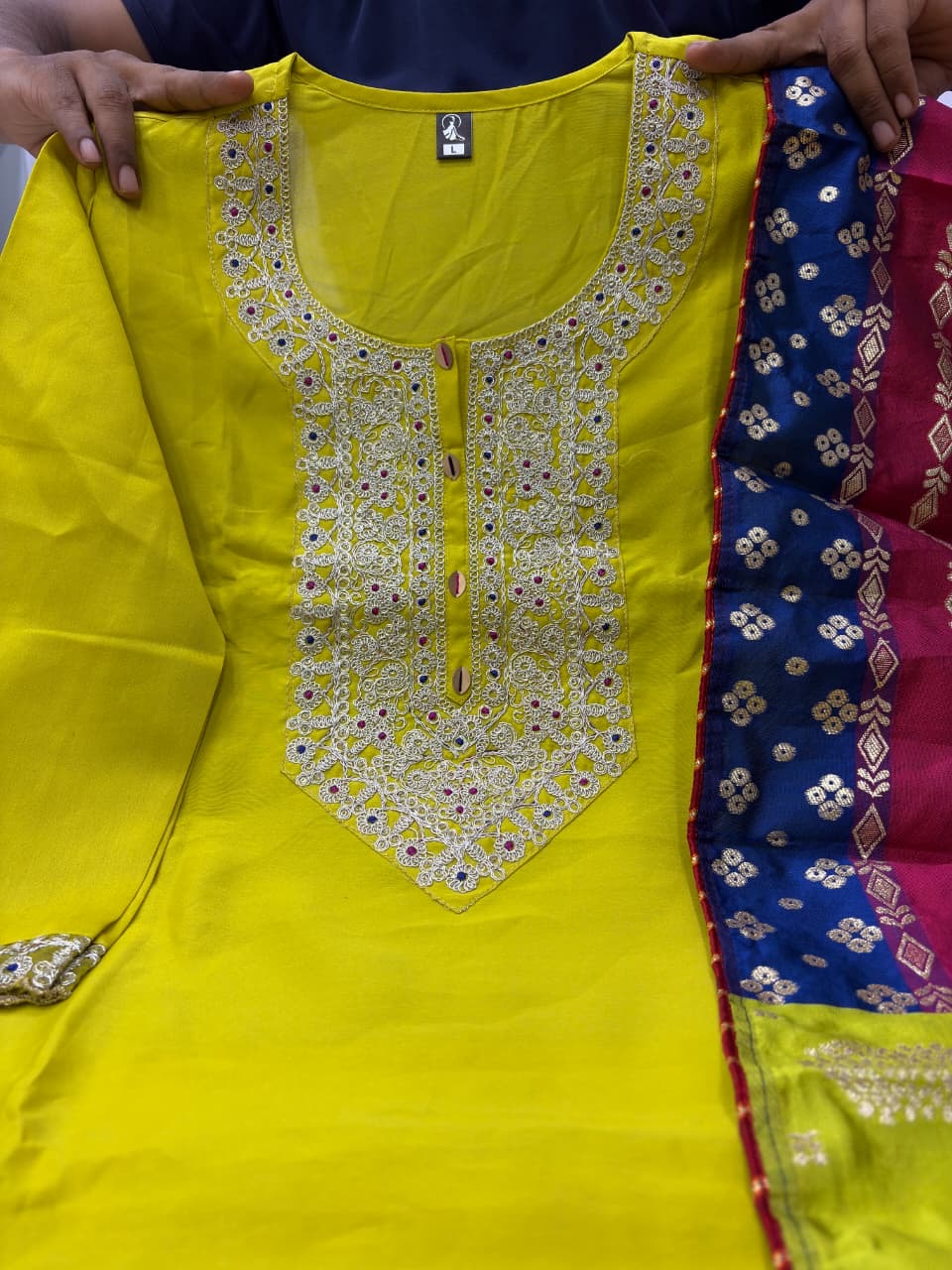 Lemon Viscose Chanderi Embroidered Kurta Pant Dupatta Set