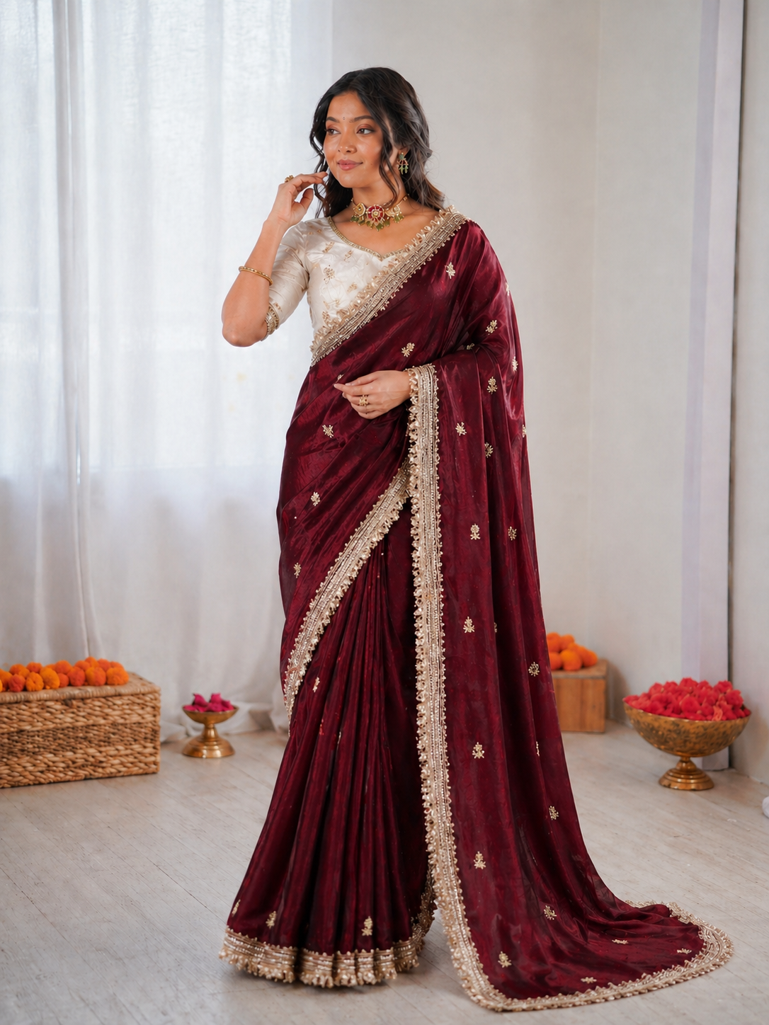 Woman wearing a maroon saree with gold border indoors