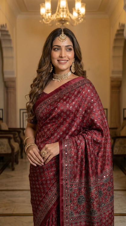 Ajrakh Print Satin Saree with Mirror Work & Moti Latkan