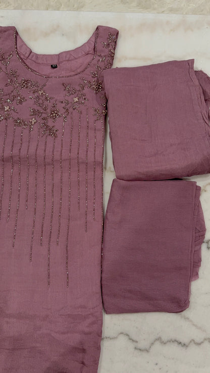 Mauve Embroidered Salwar Suit with Bead and Piping Work