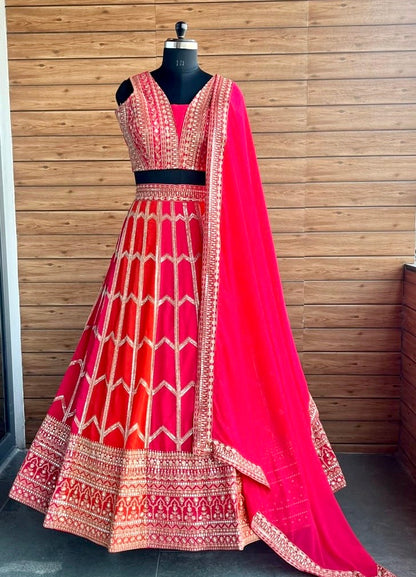 Orange Pink Faux Georgette Lehenga