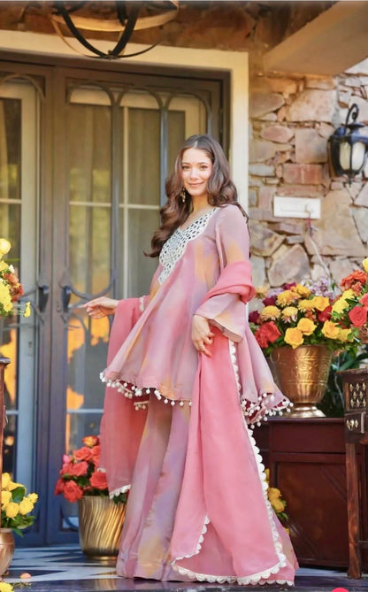 Designer Heavy Cosmos Silk Plazoo Top Set with Mirror Work & Dupatta