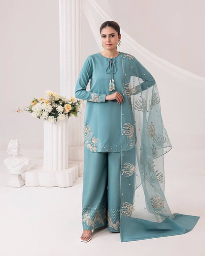 Sky Blue Designer Crepe Silk Palazzo Suit Set with Organza Dupatta