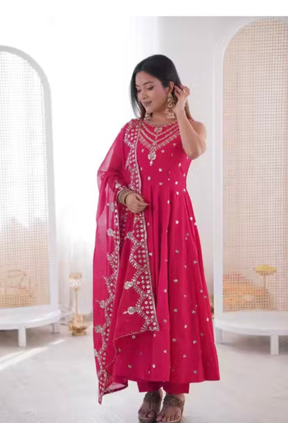 Premium Roman Silk Anarkali Gown Set with Chanderi Dupatta (Restock)
