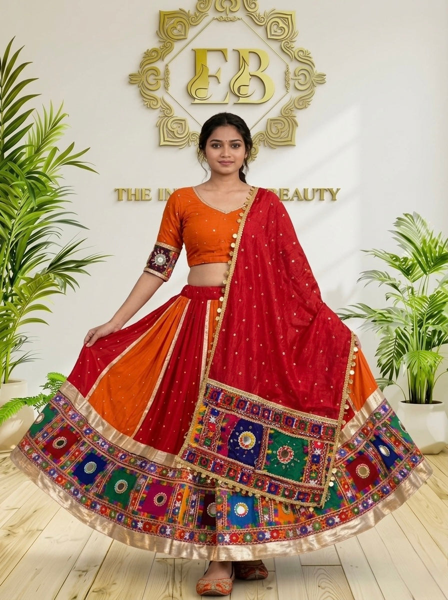 Premium Mal Chanderi Navratri Chaniya Choli - Mukesh Work & 9M Flair Lehenga