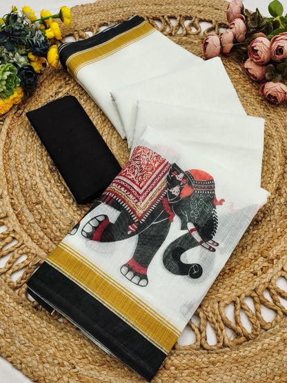 Linen Cotton Digital Printed Saree with Satin Banglory Blouse