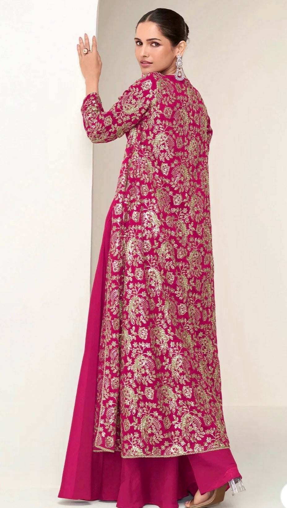 Chinon Silk Embroidered Long Jacket With Palazzo Set
