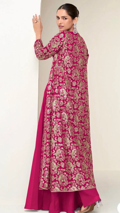 Chinon Silk Embroidered Long Jacket With Palazzo Set