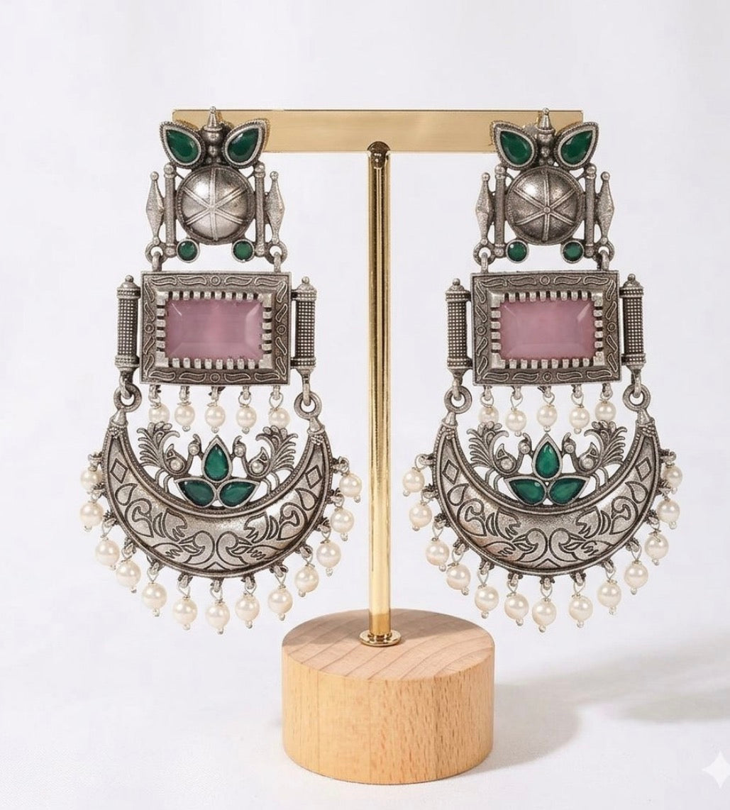 Statement Oxidized Silver Necklace Set with Pink & Green Stones