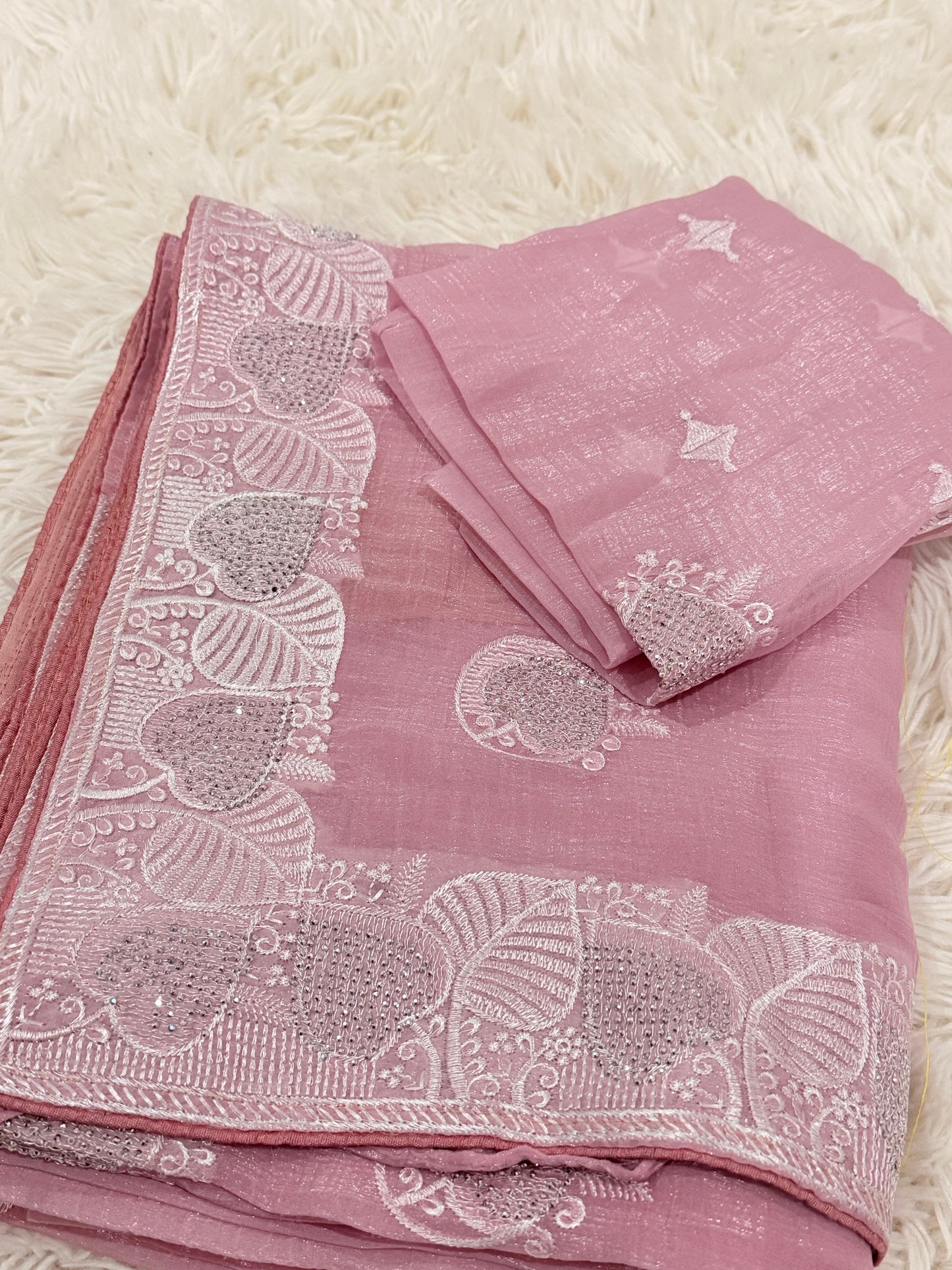 Pink Jimmy Choo Silk Saree with White Embroidery | Festive & Party Wear