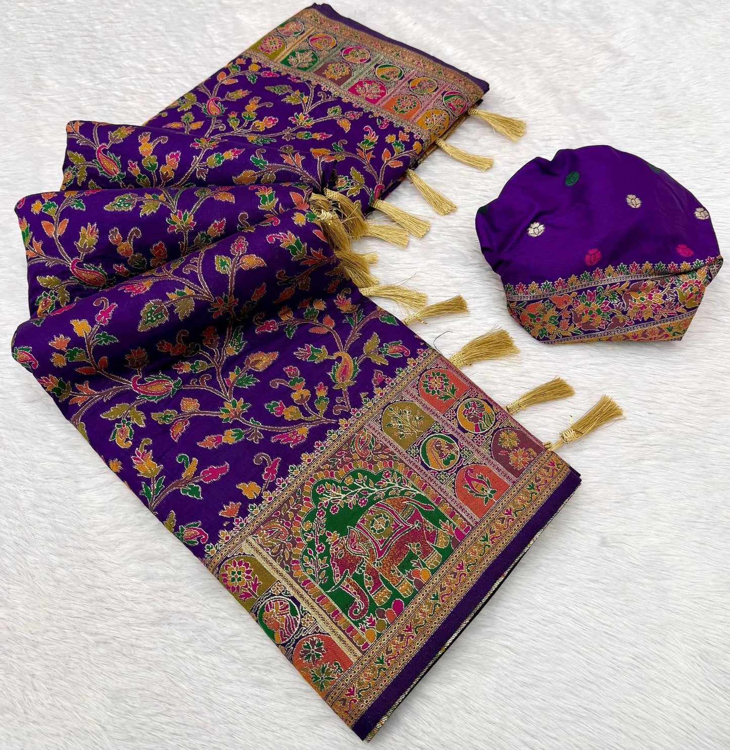 Pure Rajwadi Pashmina Silk Weaving Saree - Hand Dyed Kashmiri Pallu