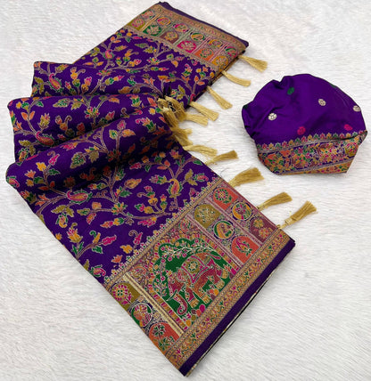 Pure Rajwadi Pashmina Silk Weaving Saree - Hand Dyed Kashmiri Pallu
