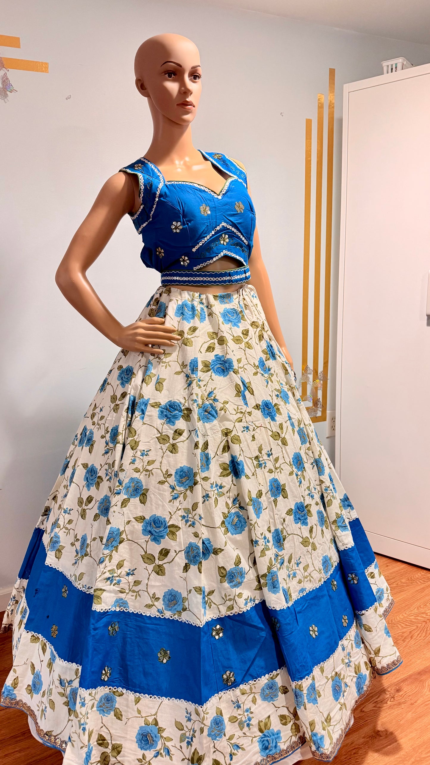 White & Blue Floral Camric Cotton Chaniya Choli & Olive Green Dupatta