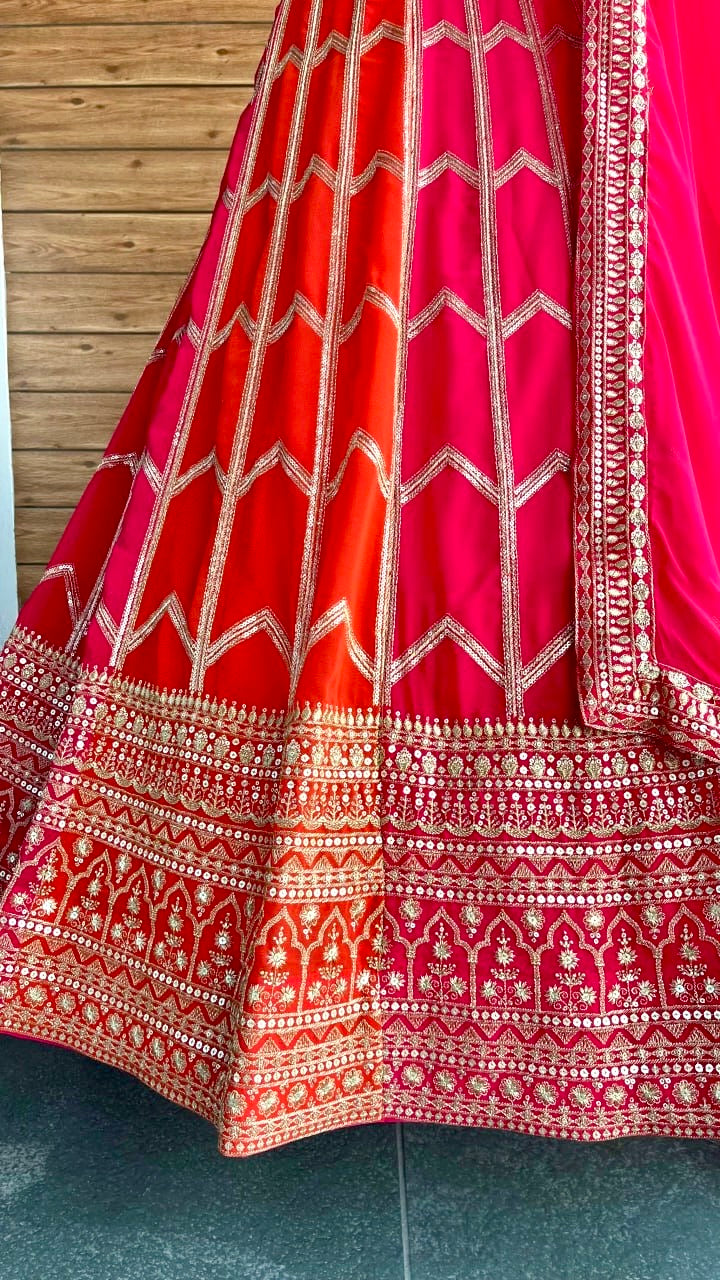 Orange Pink Faux Georgette Lehenga