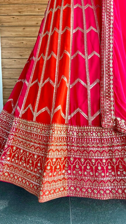 Orange Pink Faux Georgette Lehenga
