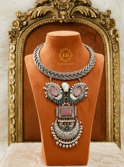 Statement Oxidized Silver Necklace Set with Pink & Green Stones