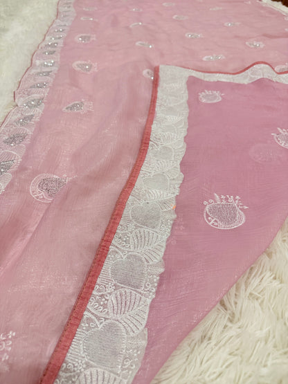 Pink Jimmy Choo Silk Saree with White Embroidery | Festive & Party Wear