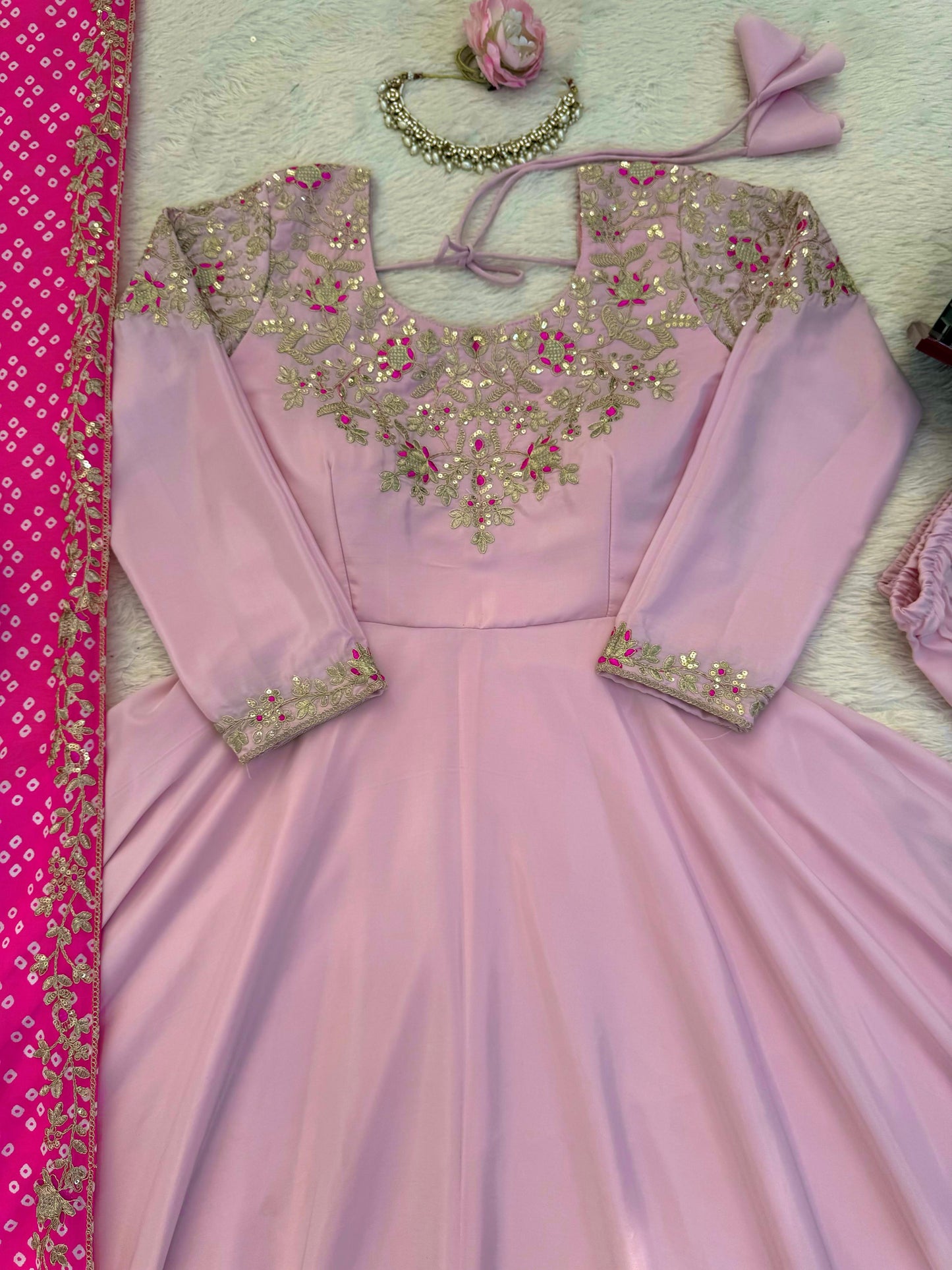 Pink Natural Crepe Silk Embroidered Gown Set with Dupatta