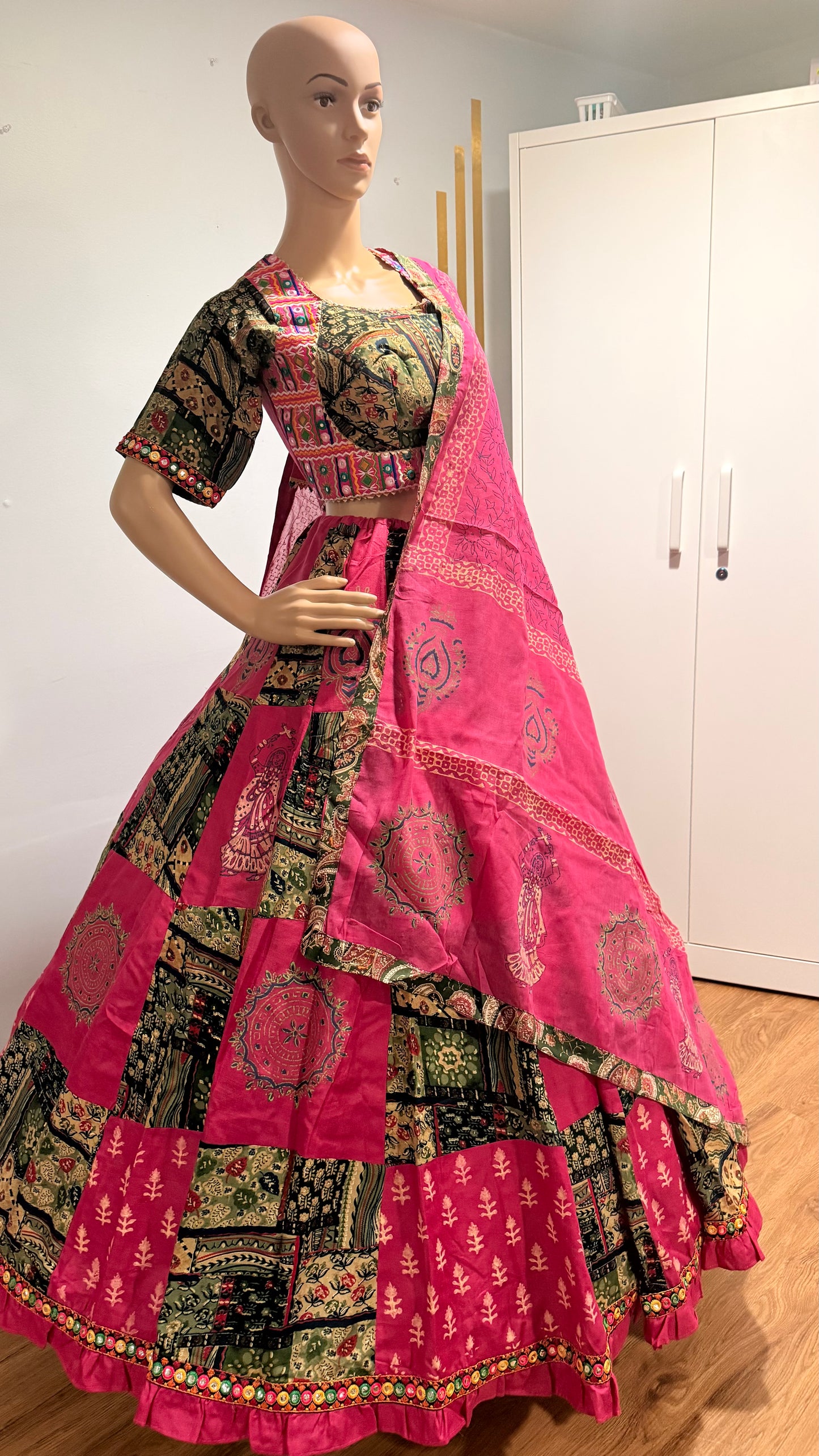 Pure Camric Cotton Lehenga Choli with Mal Cotton Handblock Dupatta – 8 Mtr Flare