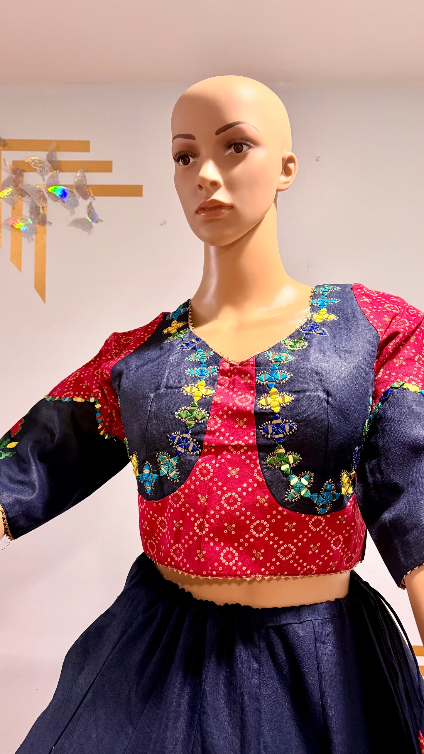 Royal Contrast Embroidered Navratri Lehenga Choli – Navy Blue & Rani Pink