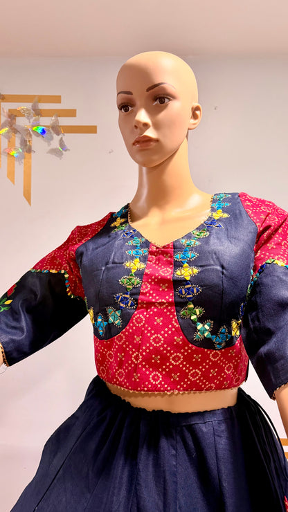 Royal Contrast Embroidered Navratri Lehenga Choli – Navy Blue & Rani Pink