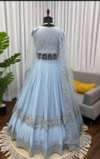 Faux Georgette Gown Lehenga Set with Sequins Work & Net Dupatta