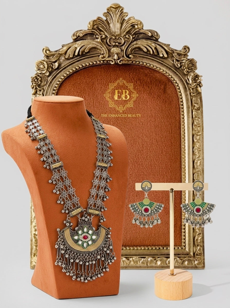 Royal Peacock Enamel Oxidized Statement Necklace & Earring Set