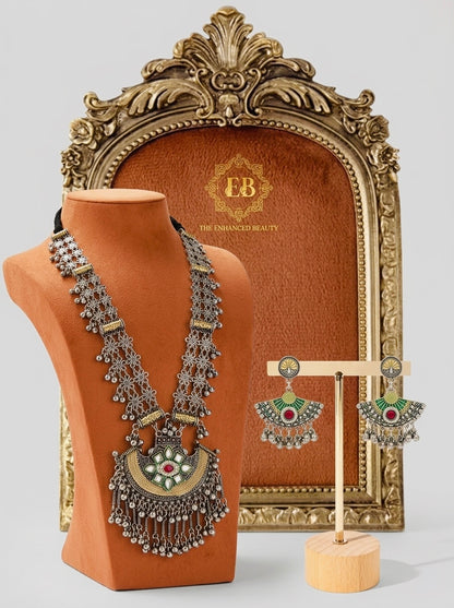 Royal Peacock Enamel Oxidized Statement Necklace & Earring Set