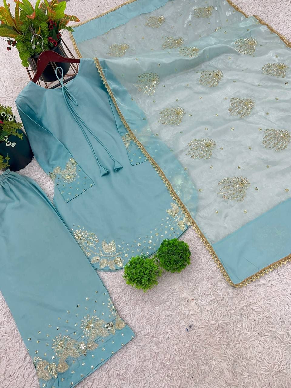 Sky Blue Designer Crepe Silk Palazzo Suit Set with Organza Dupatta