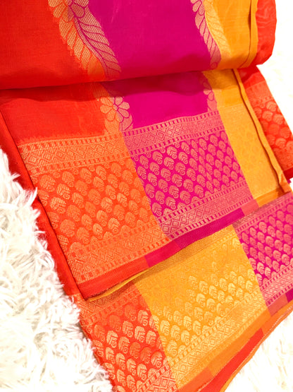 Colorful saree with pink and orange patterns on a white background