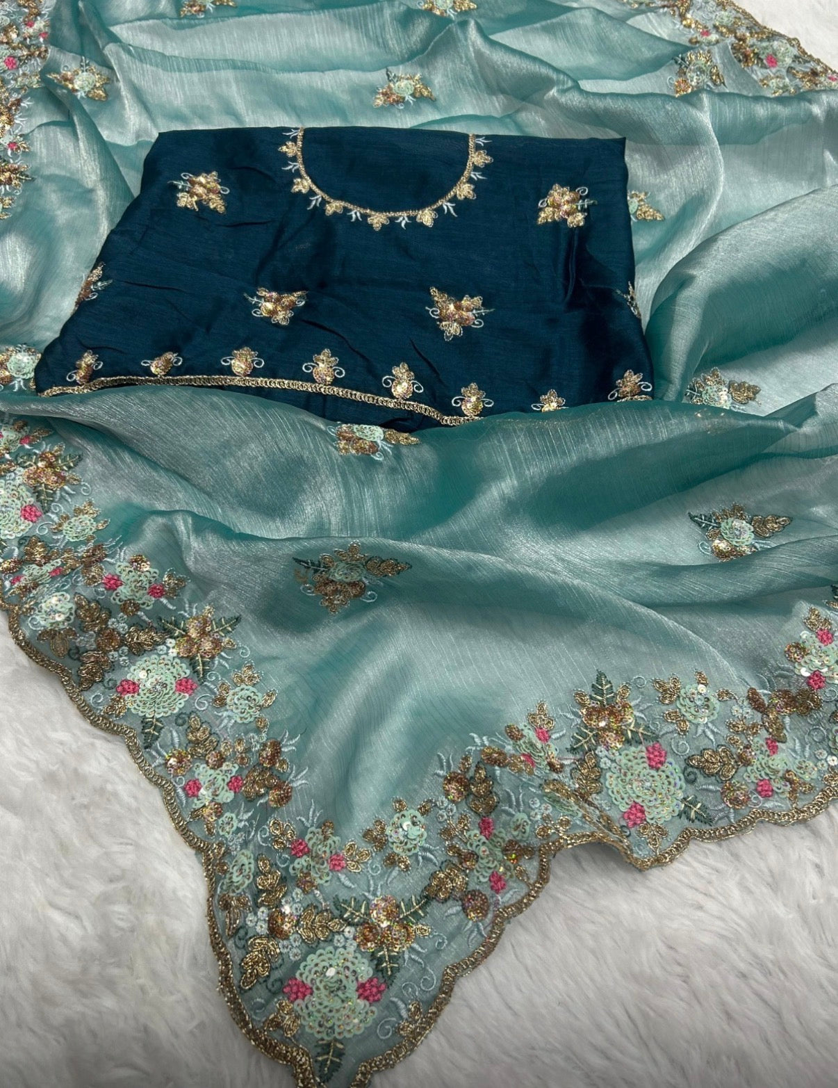 Exclusive Jimmy Choo Embroidered Saree with Heavy C-Pallu - Multi-Color Sequin & Zari Work